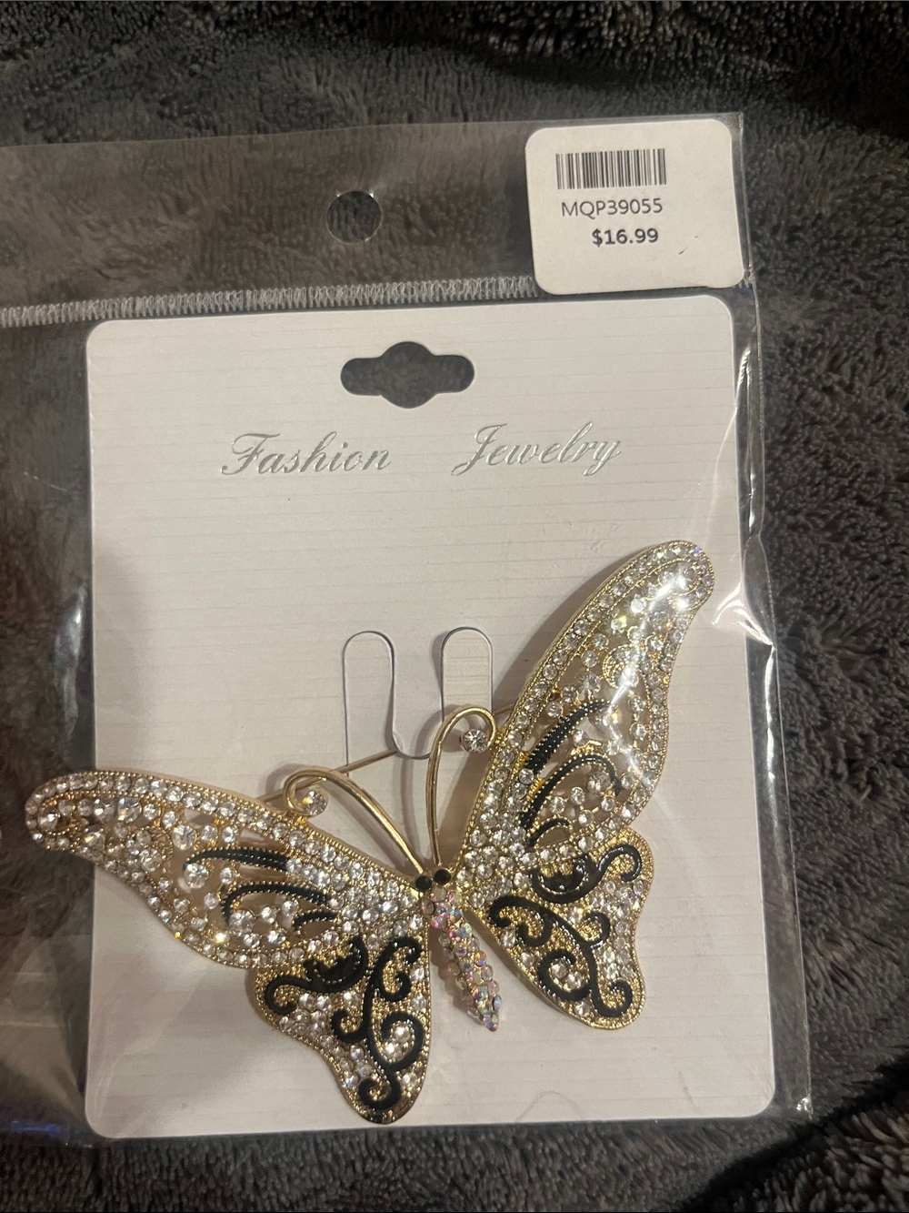 Gold Rhinestone Butterfly Brooch